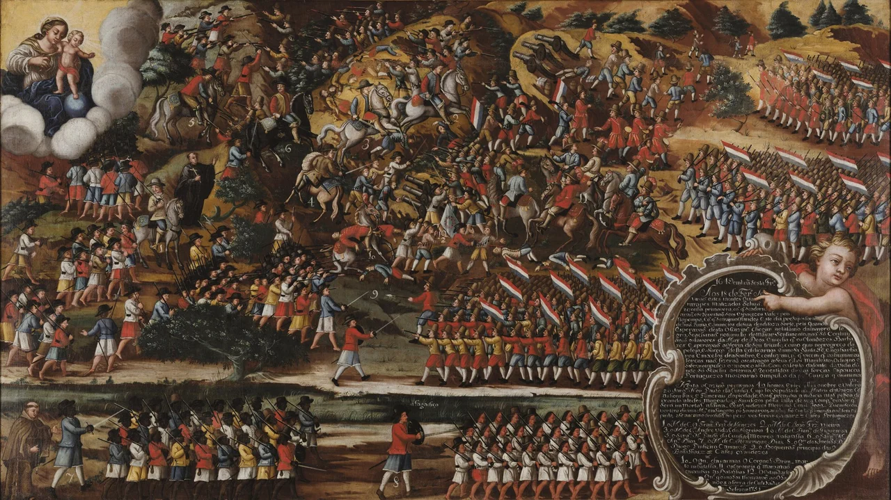 Religious painting depicting the scene of the Battle of Guararapes. In the foreground, in the lower right corner, a little angel supporting a baroque frame with his right hand and pointing to the inscriptions, in white paint with a dark background, with his left hand. In the upper left corner, image of Our Lady with Baby Jesus observing the battle.

The Battle of Guararapes was fought in two clashes between the Dutch army and the defenders of the Portuguese Empire at Morro dos Guararapes, current municipality of Jaboatão dos Guararapes, located in the Metropolitan Region of Recife, in Pernambuco, Brazil. The first confrontation was on April 18 and 19, 1648, and the second and decisive one was on February 19, 1649. It marked the end of the Dutch presence in Brazil, in the 17th century.