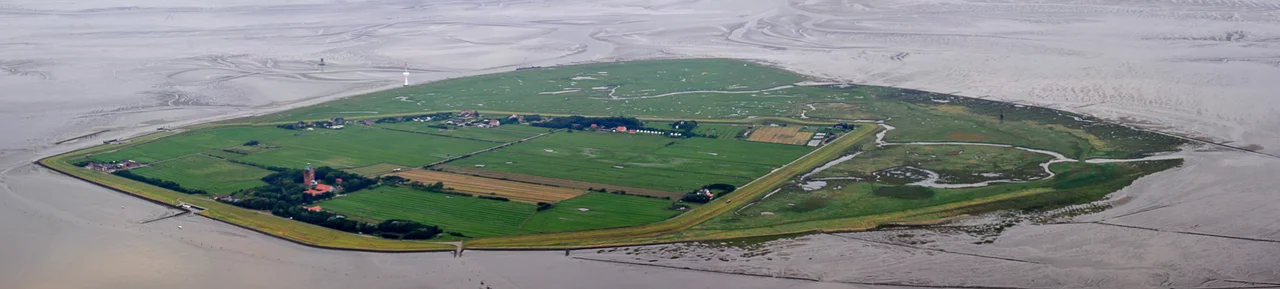 Island Neuwerk near Hamburg in the German Wadden Sea. View from ESE, from 1400 m height and 6 km distance.
