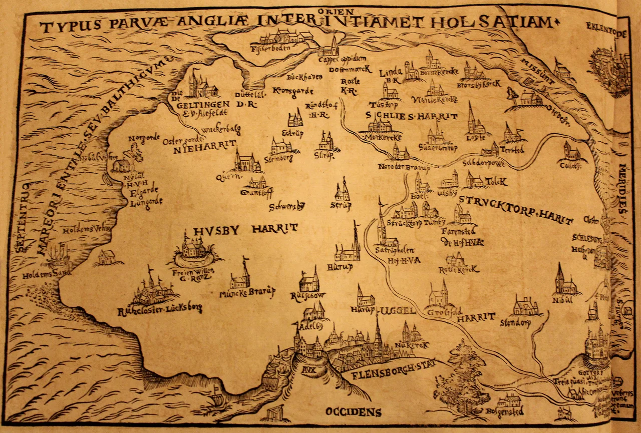 Foto von der Karte von Angeln von 1596, mit Flensburg, Kappeln, Schleswig etc, Bild 01