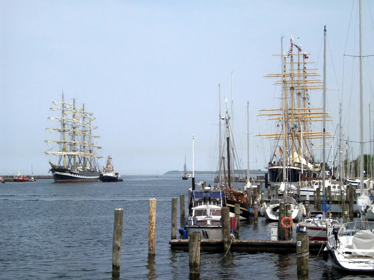 German seaside resort Travemuende, tall sailing ships Kruzenstern and Passat meeting