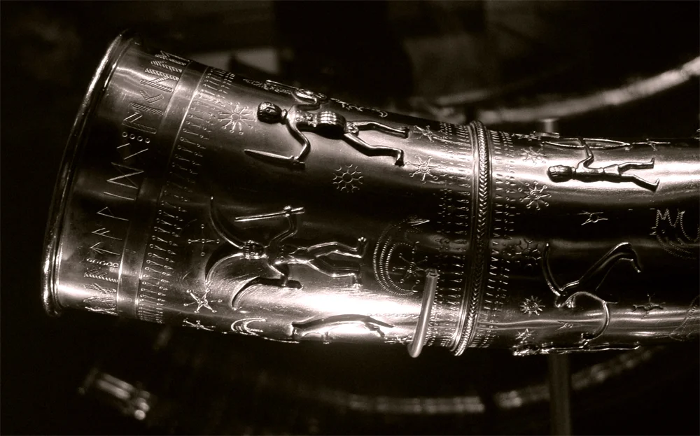 Detail of the runic inscription found on one of the copies of the golden horns of Gallehus housed at the Moesgaard Museum.