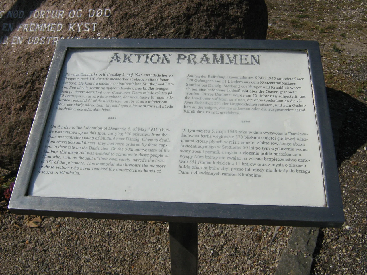 Board describing the rescue of Stutthof victims in Klinthom Havn, Denmark, on 5 May 1945.