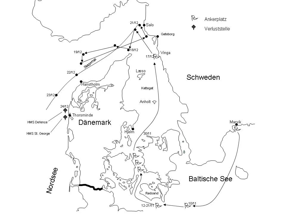 Die letzte Fahrtroute der HMS St. George und HMS Defence