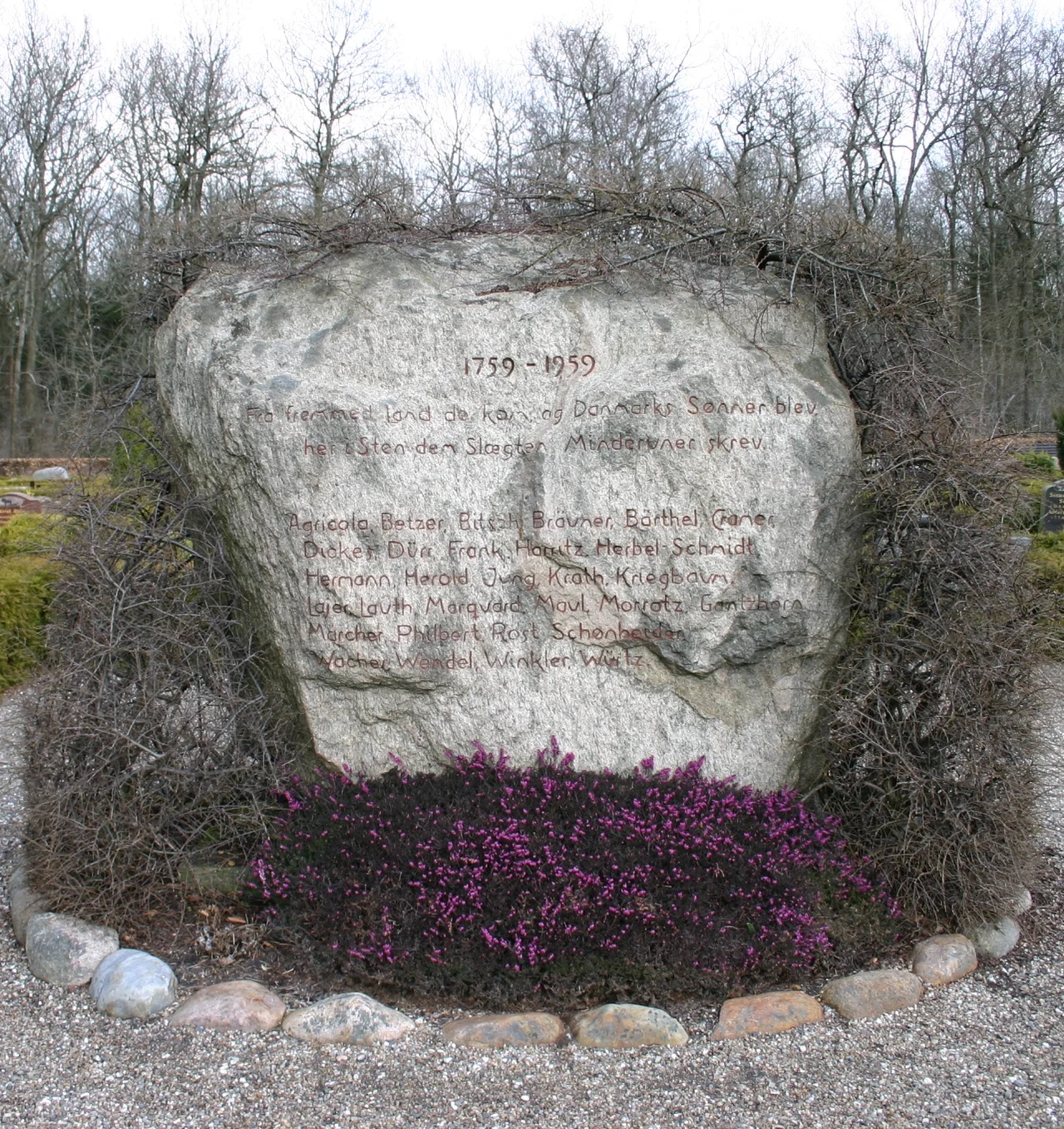 Memorial stone for German immigrants that came to Denmark in 1759, the socalled Potato Germans. Frederiks churchyard SW of Viborg, Denmark.
